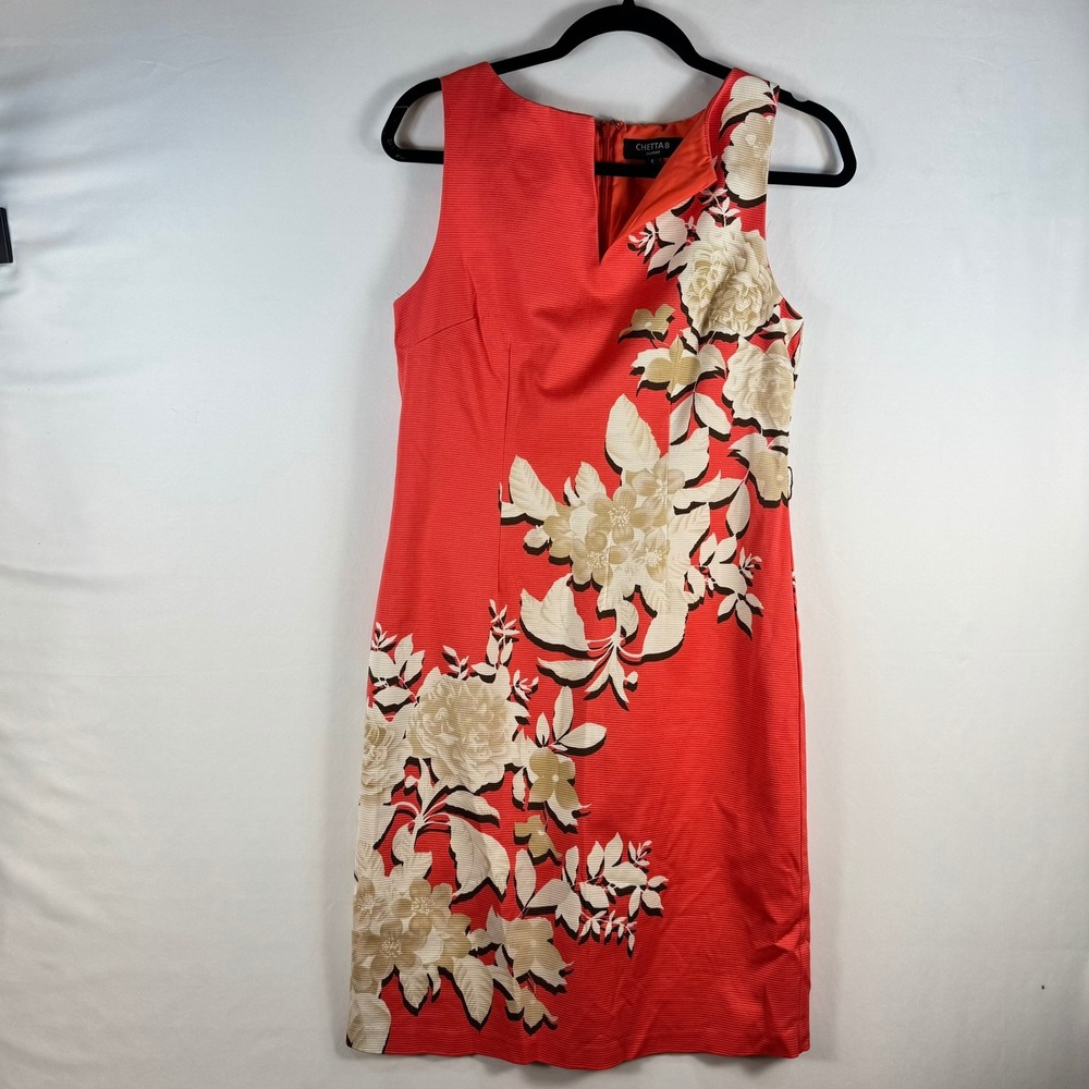 CHETTAB sunhee Women Coral Orange Floral Sheath Dress Sz 6 Sleeveless Knee Lengt